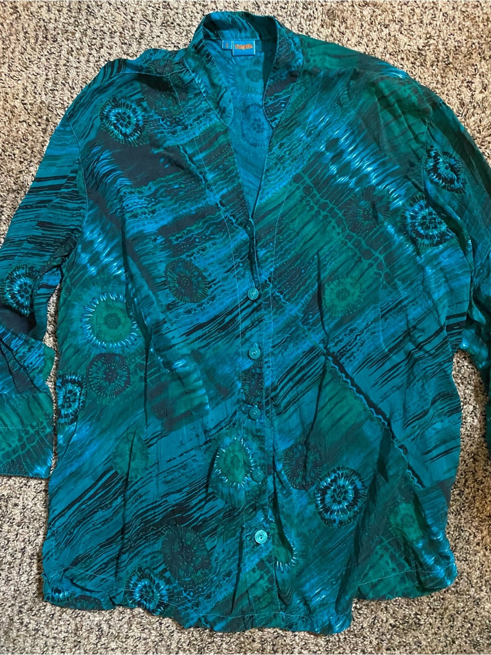 Vintage Tianello Green & Blue Abstract Patterned Button-Down Shirt